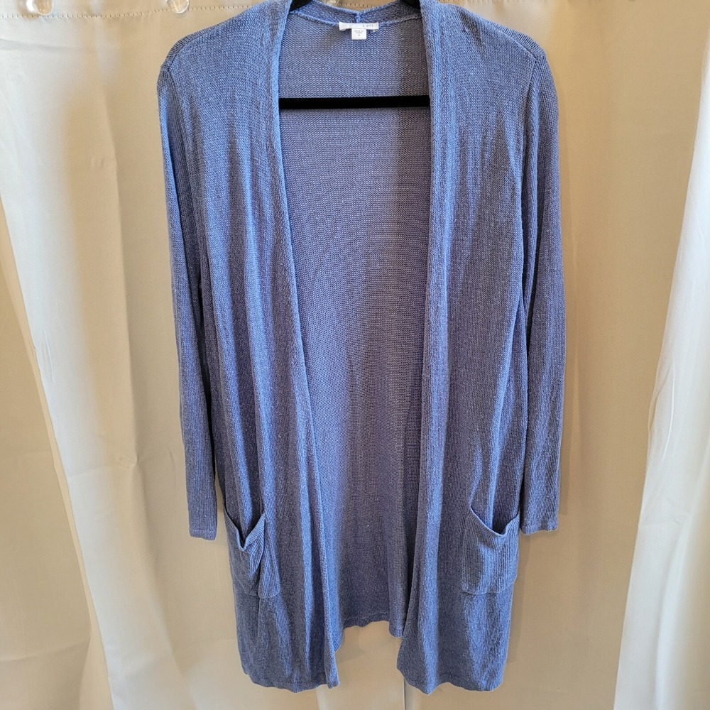 J Jill Women Cardigan Medium Blue Linen Blend Long Lagenlook Sweater Boho 16084x